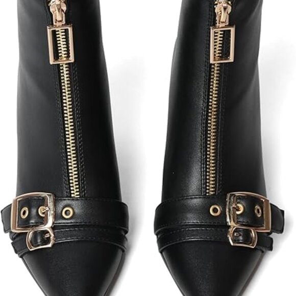 Pointed Toe Kitten Heel Boots-Women Black Booties Rivets Ankle Boot Fashion Shoe - Picture 4 of 5